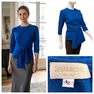 Vintage 90's SHARRONE NY Royal Blue Tie Waist Top Women's Sz 2 Tie Knot Mod GoGo